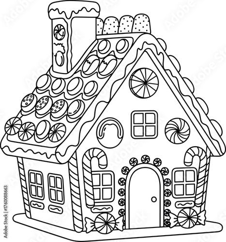A detailed outline drawing of a festive gingerbread house decorated with candies and frosting