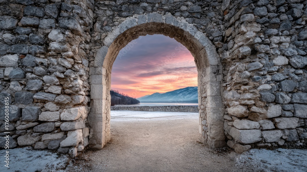 Fototapeta premium Ancient stone gate overlooking misty mountains at sunrise