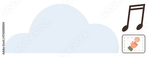 Cloud backdrop with music notes and a hand tapping on a touch interface, symbolizing digital music storage, streaming, and interaction. Ideal for cloud platform, technology, entertainment, user