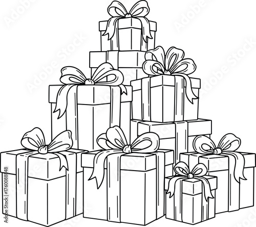 A generous stack of hand drawn gift boxes tied with ribbons and bows