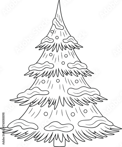A hand drawn outline of a snow covered pine tree with ornaments for holiday decoration