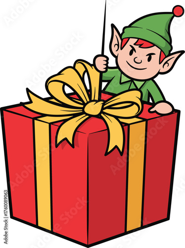 A mischievous christmas elf peeking out from a large red gift box with a yellow ribbon