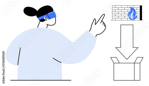 Person wearing VR headset pointing at a firewall icon with a flame, leading to a downward arrow into a box. Ideal for cybersecurity, VR innovation, data protection, cloud storage, modern technology