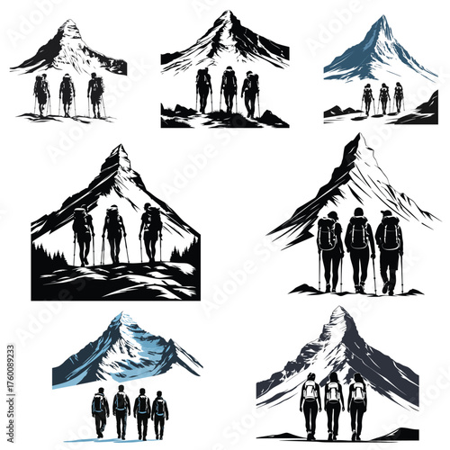A collection of vector illustrations showing a team of hikers trekking towards a mountain summit adventure