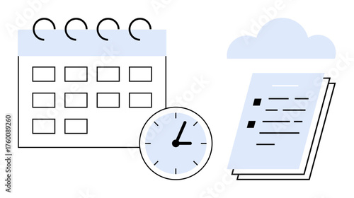 Calendar with spiral binding, clock, and checklist documents emphasizing planning, scheduling, and productivity. Ideal for time management, organization, deadlines, workflow efficiency task