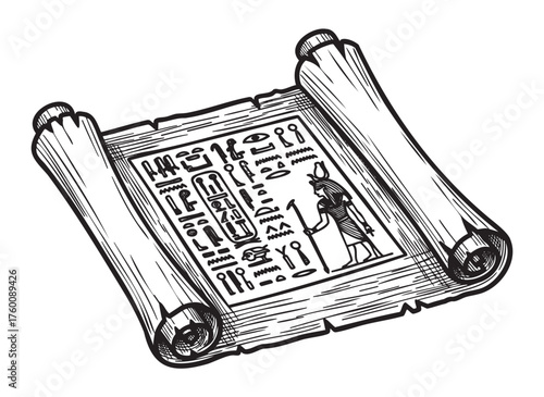 Detailed illustration of an ancient papyrus scroll with egyptian hieroglyphics and a depiction of a standing figure, showcasing historical artifacts.