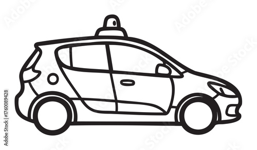Black outline of a compact car side view with a rooftop taxi sign, showcasing a simple and minimalistic design focused on transport and urban concepts.