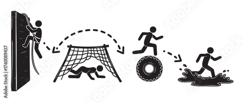 Illustration of a stick figure navigating an obstacle course, including climbing a wall, crawling under a net, jumping over a tire, and running through water.