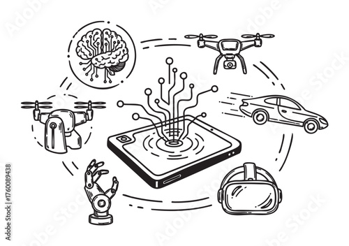 Hand-drawn illustration depicting modern technology elements including drones, a driverless car, a digital brain, robotic arm, virtual reality headset, and a digital device.