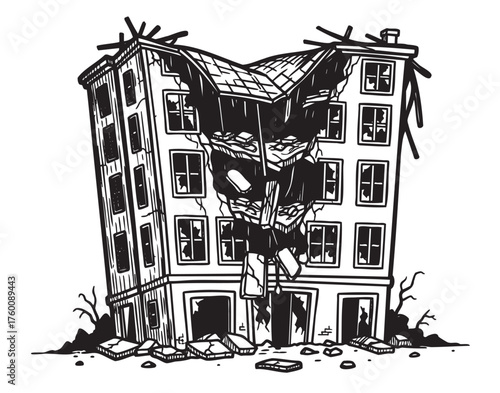 Black and white line drawing of a dilapidated four-story building with collapsed roof and visible debris, illustrating structural damage and destruction.