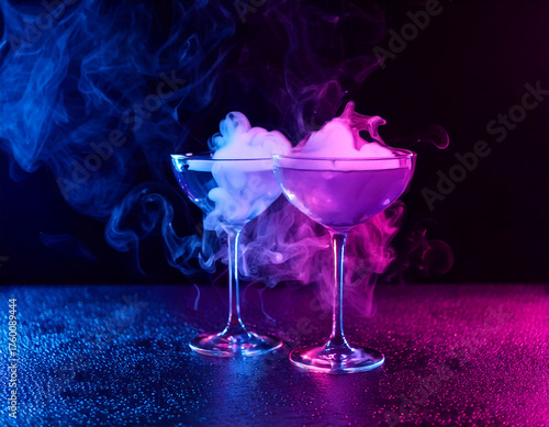AI generated two neon cocktails with smoke, fantasy bar concept with purple and blue vapor lighting