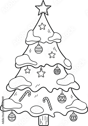 A whimsical black and white illustration of a decorated christmas tree covered in snow