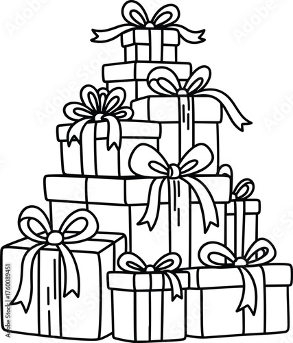 A tall stack of wrapped presents with ribbons and bows ready for gifting