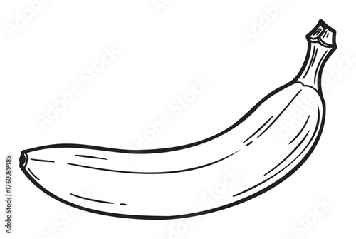Black outline drawing of a single banana with distinct curves and a detailed stem, emphasizing a natural and organic shape.