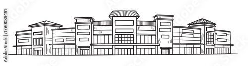 Hand-drawn black outline of a large multi-story shopping mall building with multiple entrances and varied roof styles.