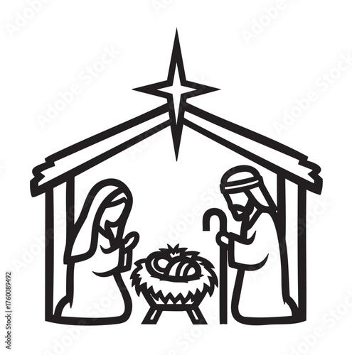 Black outline illustration of a nativity scene featuring a manger, a star, and figures of a man and a woman in a stable setting.