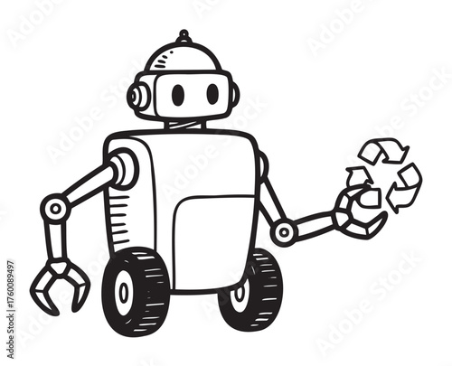 Black and white illustration of a cartoon robot holding a recycling symbol in its claw, with circular eyes and wheeled legs.