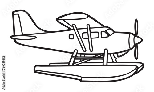 Black outline of a seaplane with detailed elements, featuring a propeller, wings, and floats for water landings.