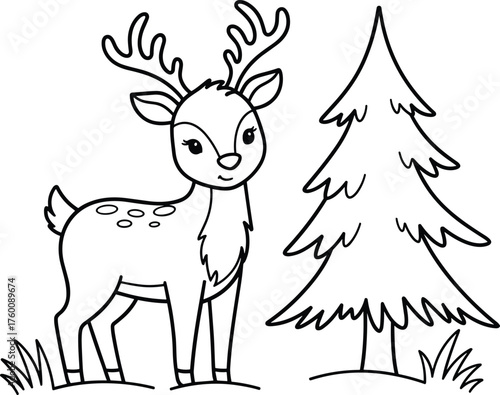 Adorable cartoon deer with antlers standing beside a simple christmas tree outline