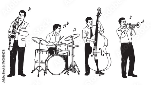 Four male musicians with musical notes play jazz instruments including saxophone, drums, double bass, and trumpet, dressed in formal attire.