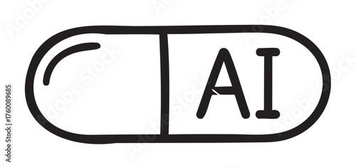 Black outline vector icon of a capsule pill with "ai" written on one half, representing artificial intelligence in medicine.