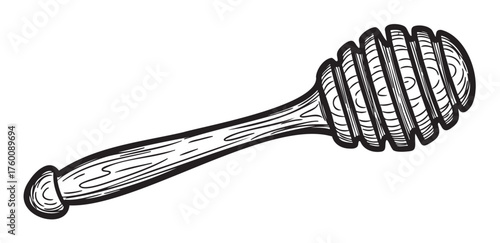 Hand-drawn black and white illustration of a honey dipper with detailed wood texture and spiral grooves for collecting honey.