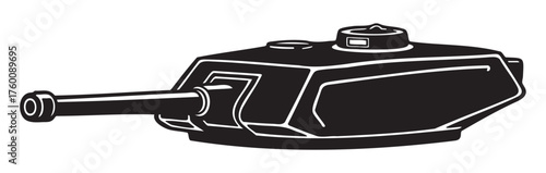 Black silhouette of a tank turret with a long barrel, showcasing military equipment features.