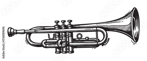 Detailed black and white sketch of a classic trumpet with visible valves and intricate tubing design.