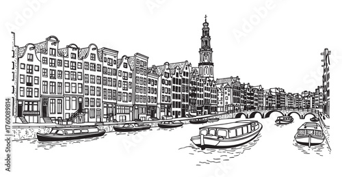 Detailed black and white drawing of amsterdam's canal skyline featuring historic buildings and boats on the water.