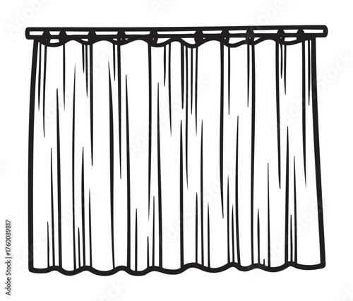 Black outline vector drawing of a shower curtain with hooks on a rod, featuring vertical folds and simple design elements.