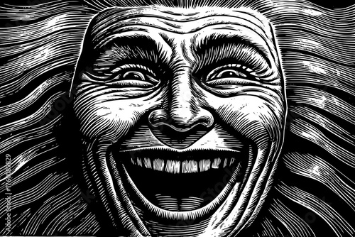 Continuous line vector of a single face laughing heartily, emphasizing the emotion and movement of the lines