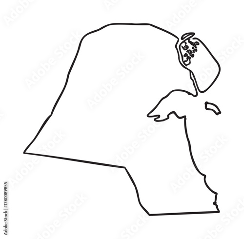 Black outline map of kuwait showing its geographical shape and borders in simple linear style.