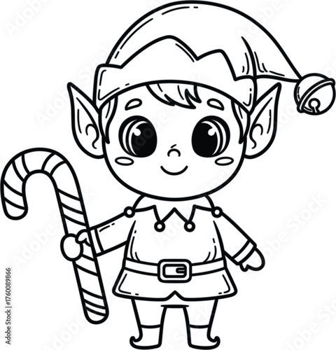 Adorable cartoon elf holding a striped candy cane ready for christmas festivities