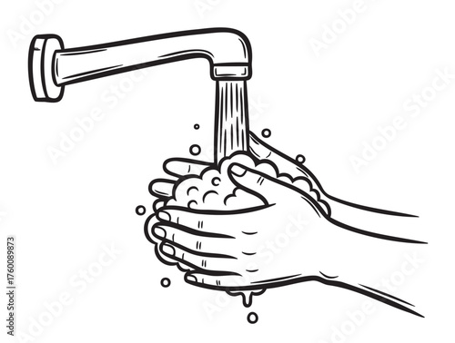 Black outline illustration of hands being washed under a running faucet, surrounded by soap bubbles.