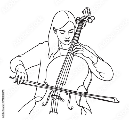 Black outline illustration of a female cellist playing the cello with focused expression and precise hand positioning.