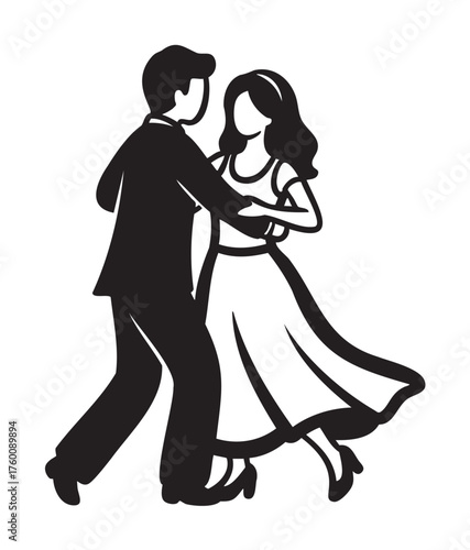 Black silhouette of a male and female dancing together gracefully, both in formal attire with flowing lines suggesting movement.
