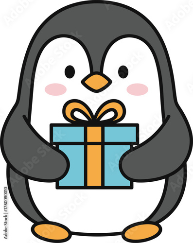 Adorable cartoon penguin holding a blue wrapped gift with a yellow ribbon