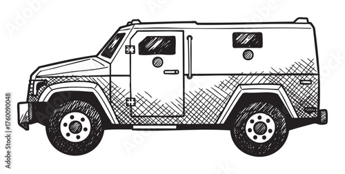 Black outline illustration of an armored vehicle, featuring a rugged design with large wheels and secure windows, emphasizing safety and durability.