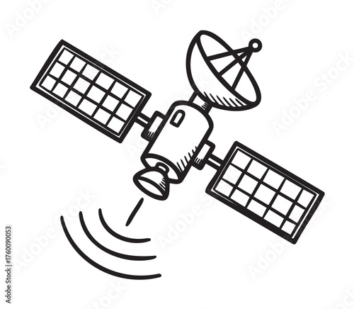 Black outline illustration of a satellite with solar panels and a dish antenna, emitting signal waves, representing space communication technology.