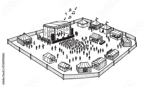 Black and white illustration of a lively outdoor music festival with a stage, tents, and a crowd enjoying the performance in a fenced area.