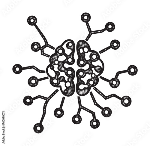 Hand-drawn schematic of a brain interconnected with various circuit-like nodes, symbolizing artificial intelligence and neural networks.