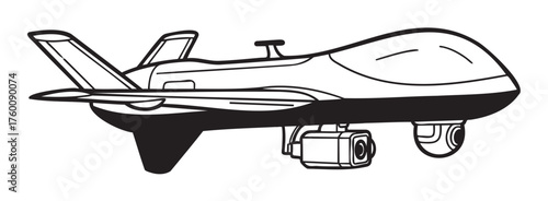 Black outline vector drawing of a modern drone with a camera attached, showcasing aerodynamic design and technological advancements.