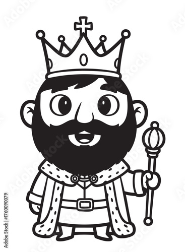 Black and white cartoon-style illustration of a king with a crown and scepter, featuring a bearded male character.