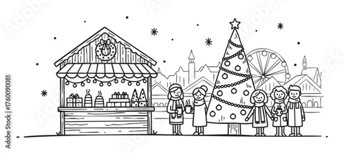 Festive outdoor christmas market scene with a group of people admiring a decorated tree and a wooden stall selling seasonal treats.