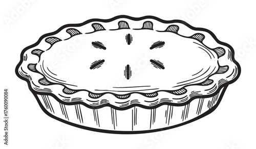 Black outline drawing of a traditional round pie with a scalloped crust and decorative slits on top, showcasing its classic design.