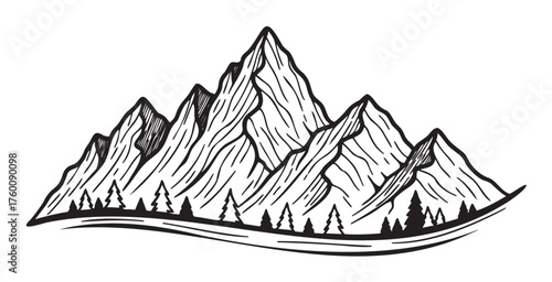 Black outline drawing of a mountain range with jagged peaks and evergreen trees at the base, conveying a sense of rugged wilderness and natural beauty.