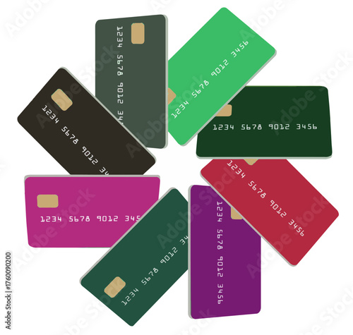 Credit cards, eight of them are arranged in a circular formation with an eight pointed star in the middle. They are generic, mock, safe for publication and isolated on white background.