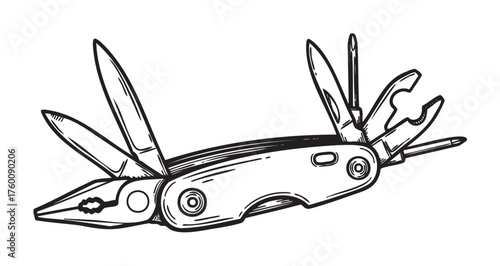 Detailed black outline illustration of a multifunctional pocket tool with various blades and pliers extended, emphasizing utility and versatility.