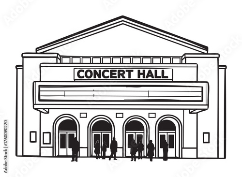 Black outline illustration of a concert hall facade with an arched entrance and a marquee sign, featuring silhouettes of people entering.