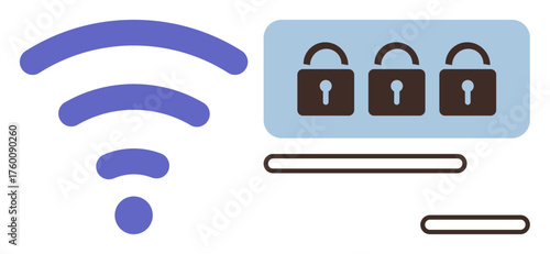 wireless signal icon beside locked padlocks emphasizing data security, network safety, and encryption. Ideal for cybersecurity, technology, internet safety, communications, online privacy, data